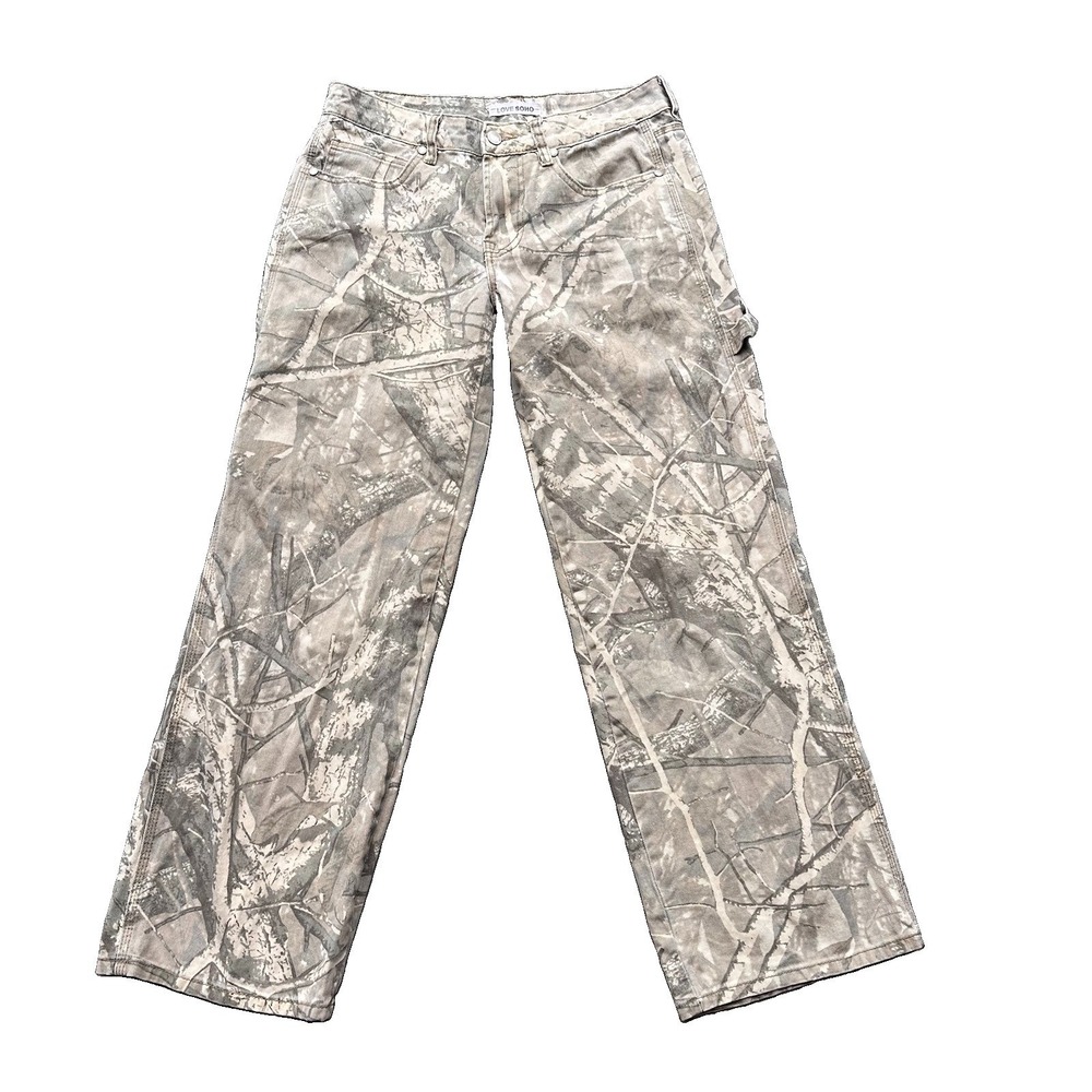 Love Soho Branch Camo Carpenter Jeans Womens Gray White Wide Leg Utility Size 6